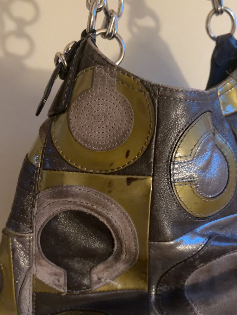 Coach Patchwork Circle Leather Hobo Madison Mia Bag Olive/Brown - Picture 3 of 5